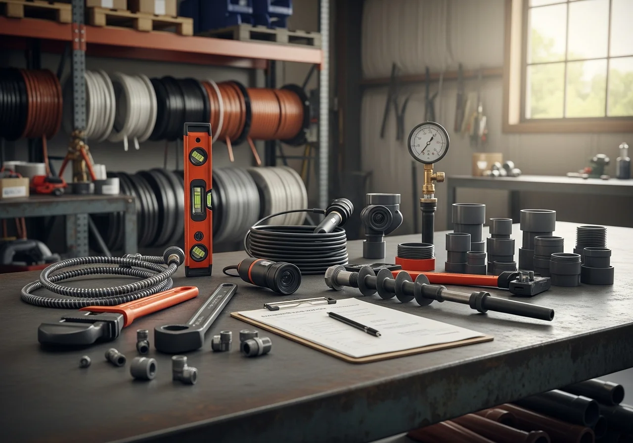 Plumbing tools and equipment arranged on a work surface, representing the trade and service readiness of a professional pipe and drainage company.