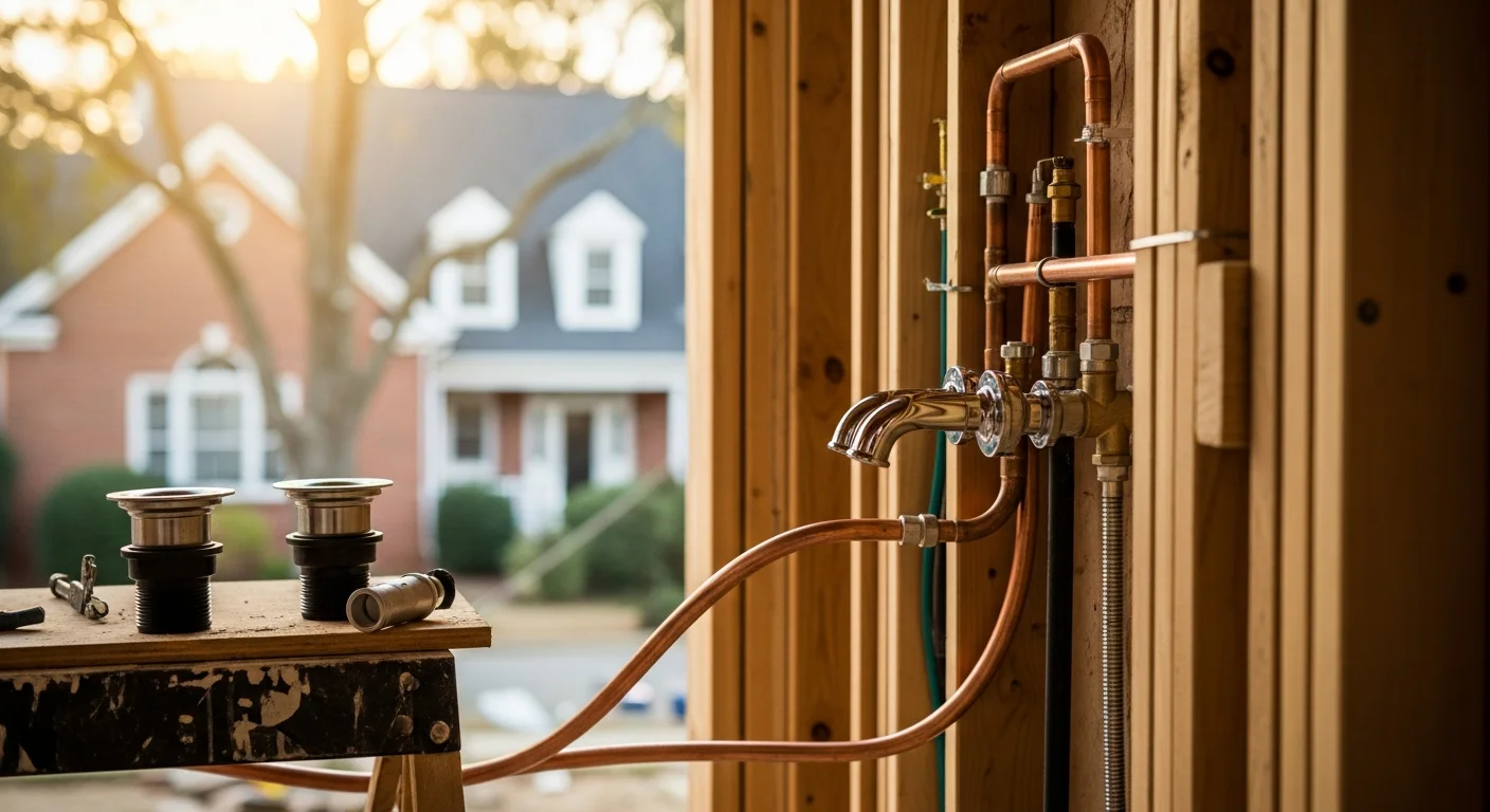Bathroom plumbing installation with water supply and drain lines