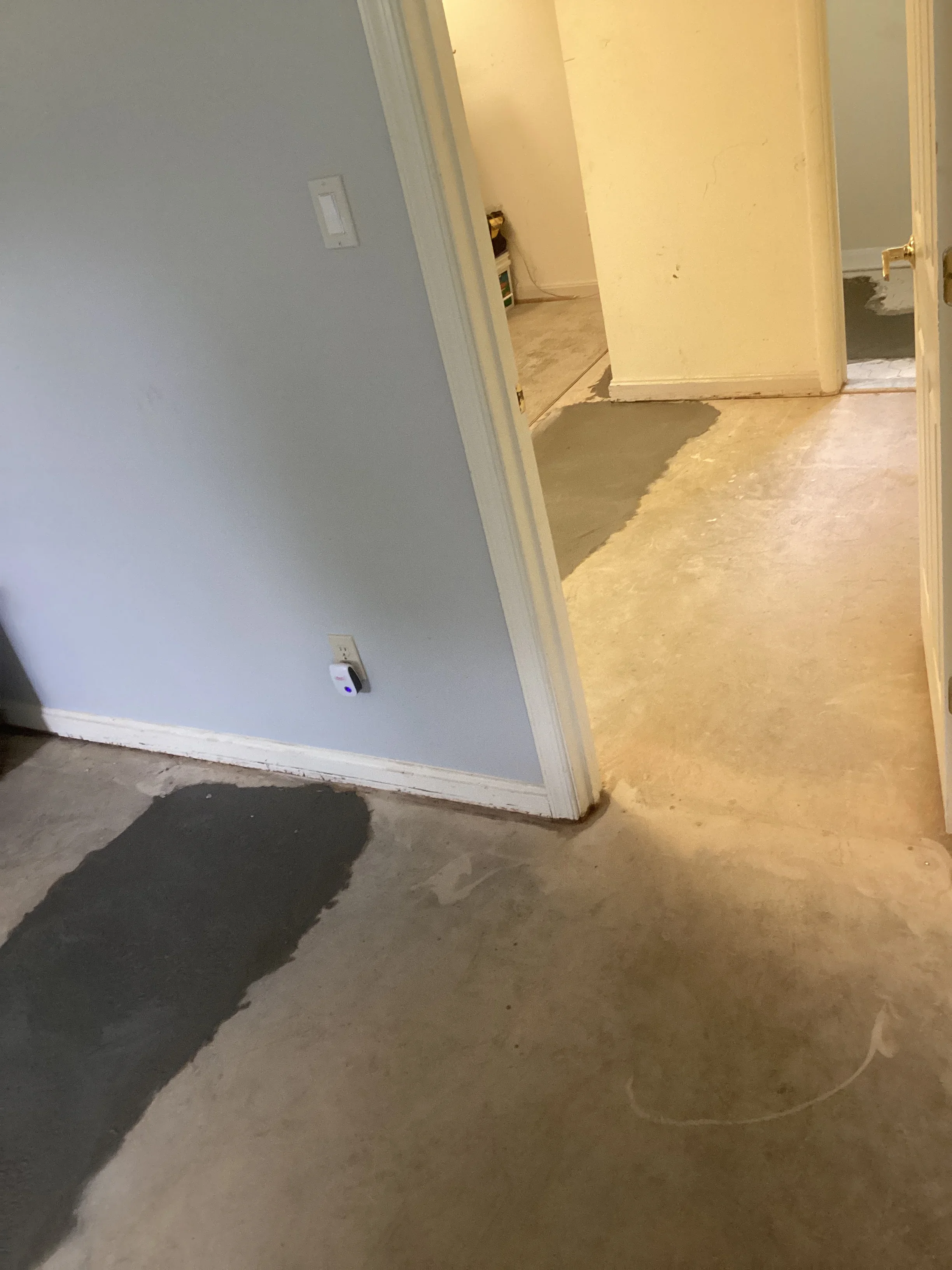 Interior hallway with painted drywall, white trim, and concrete floor during renovation