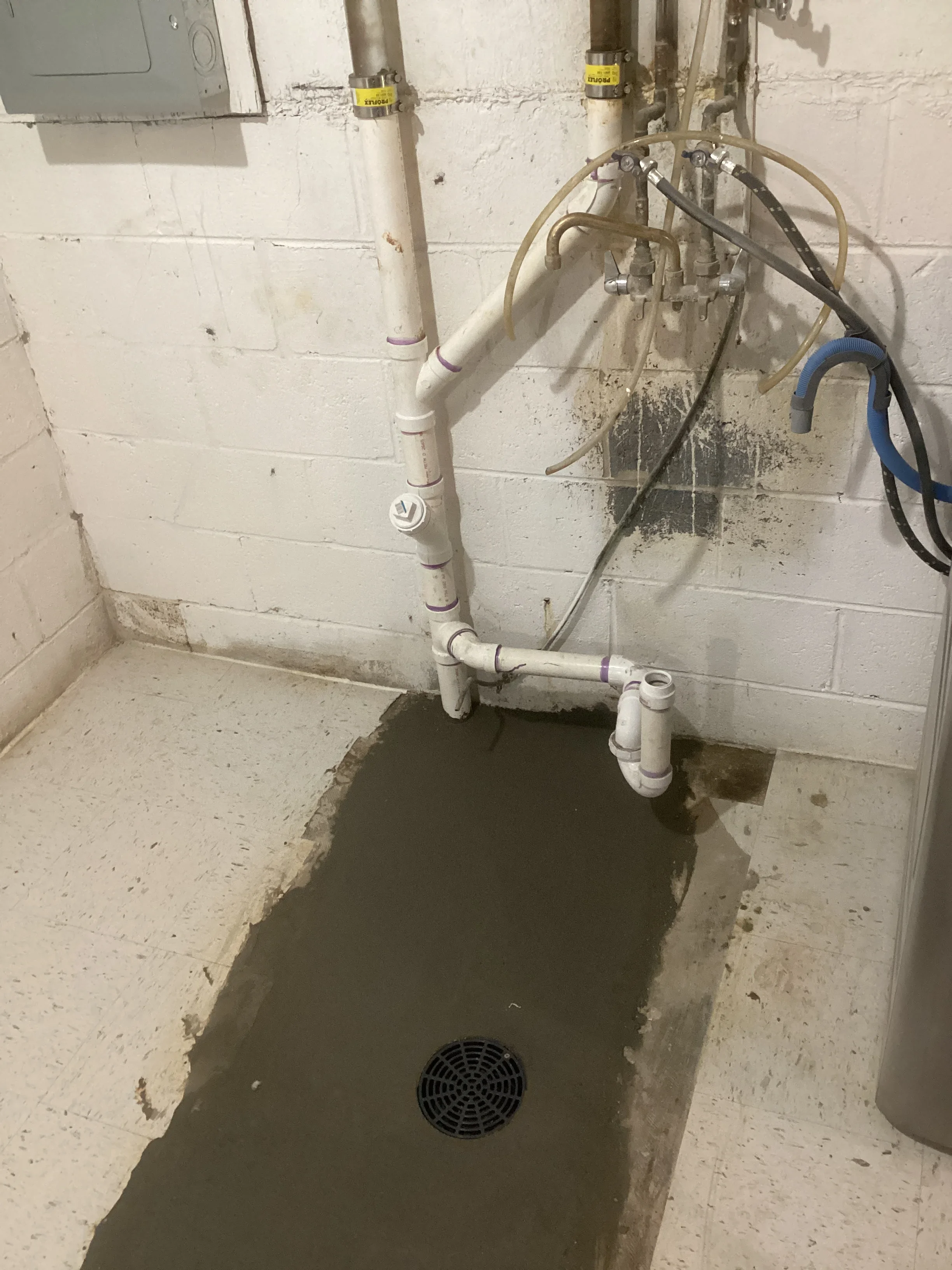 Basement sump pump installation with white PVC piping and black drain basin
