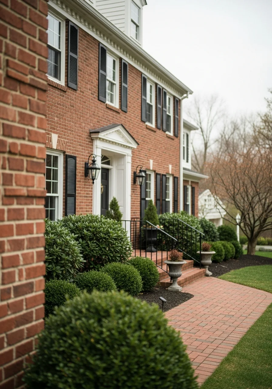 Fairfax home exterior showing brick construction, shutters, and welcoming front entrance.