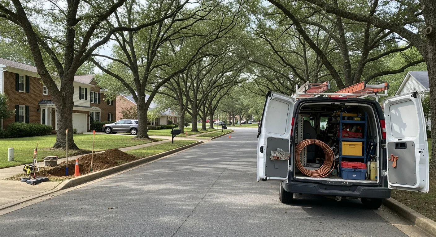Manassas residential street with mixed-age homes, mature trees, and parked cars along tree-lined neighborhood.