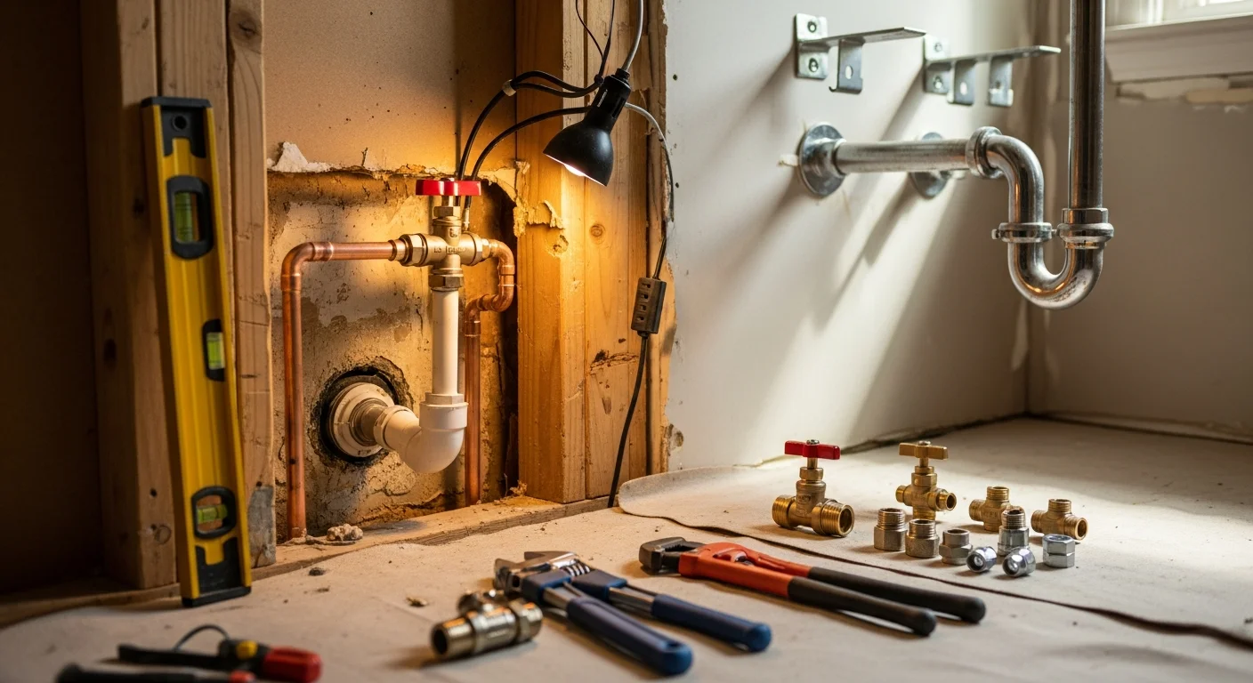A newly installed bathroom in a Manassas home showing a wall-mounted sink, toilet, and tiled shower with visible supply shutoff valves and clean drain connections. The plumbing rough-in reflects updated supply and drain lines replacing older pipe materials common in Northern Virginia homes.