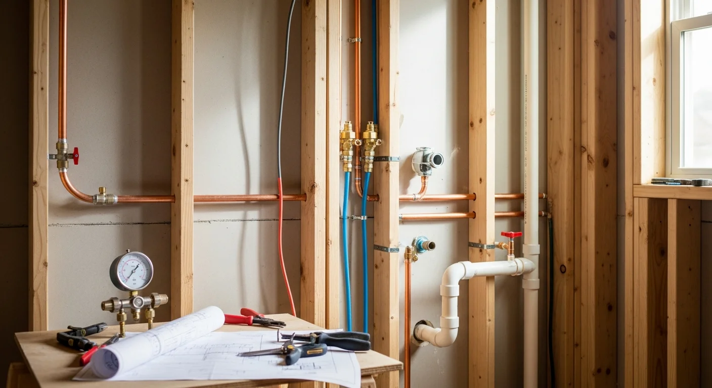 Exposed bathroom floor and wall framing in a Manassas home showing new PVC drain lines, supply stub-outs, and vent pipe runs set for rough-in inspection. Underground Pipe Solutions rough-in plumbing work staged before wall close-in on a bathroom remodel in Manassas, Virginia.