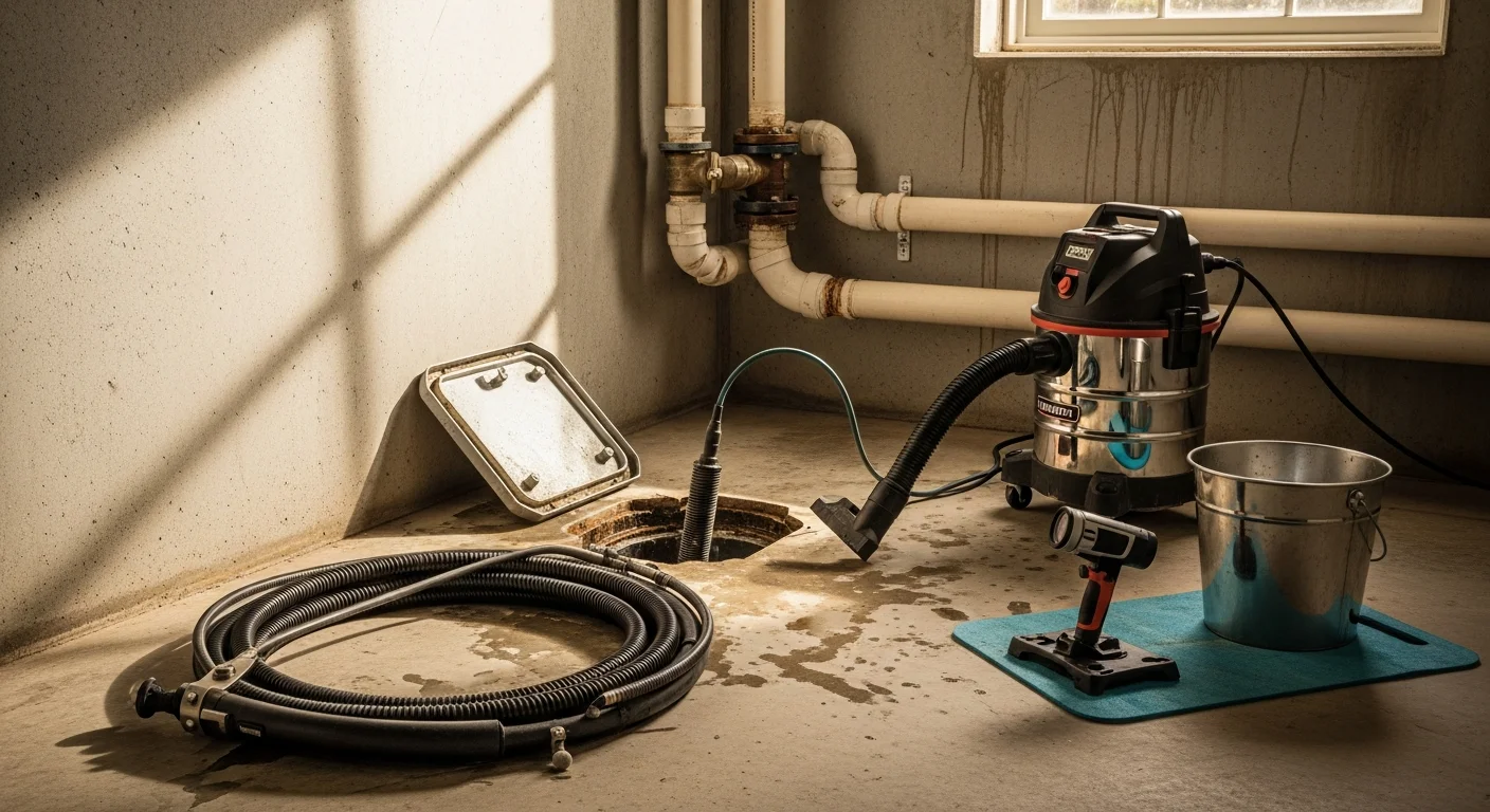 A plumber using a drain snake to clear a blocked kitchen drain line inside a Manassas, VA home. The pipe access point is open at the cabinet base with tools and a bucket visible on the floor.
