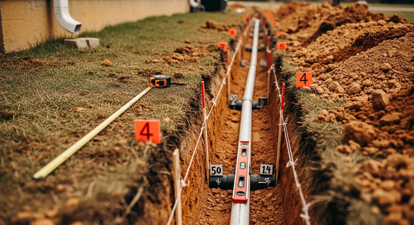 A freshly trenched drain line installation in progress at a Manassas residential property, showing pipe laid at proper slope before backfill. The surrounding clay soil is visible along the trench walls, with the pipe routed toward the main connection point.