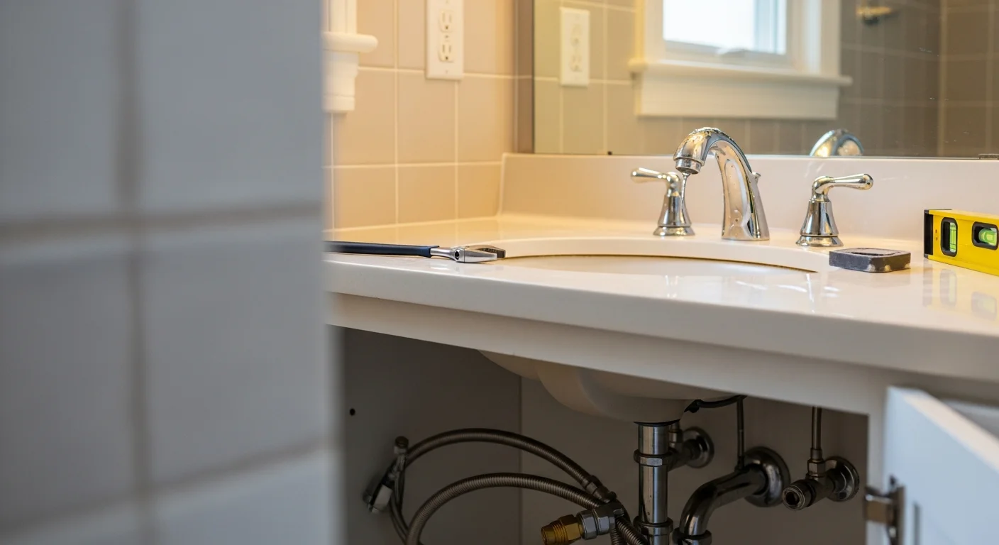 A newly installed bathroom sink and faucet with clean supply line connections and a centered drain, inside a Manassas home bathroom. The shutoff valves beneath the vanity are clearly visible and properly positioned.