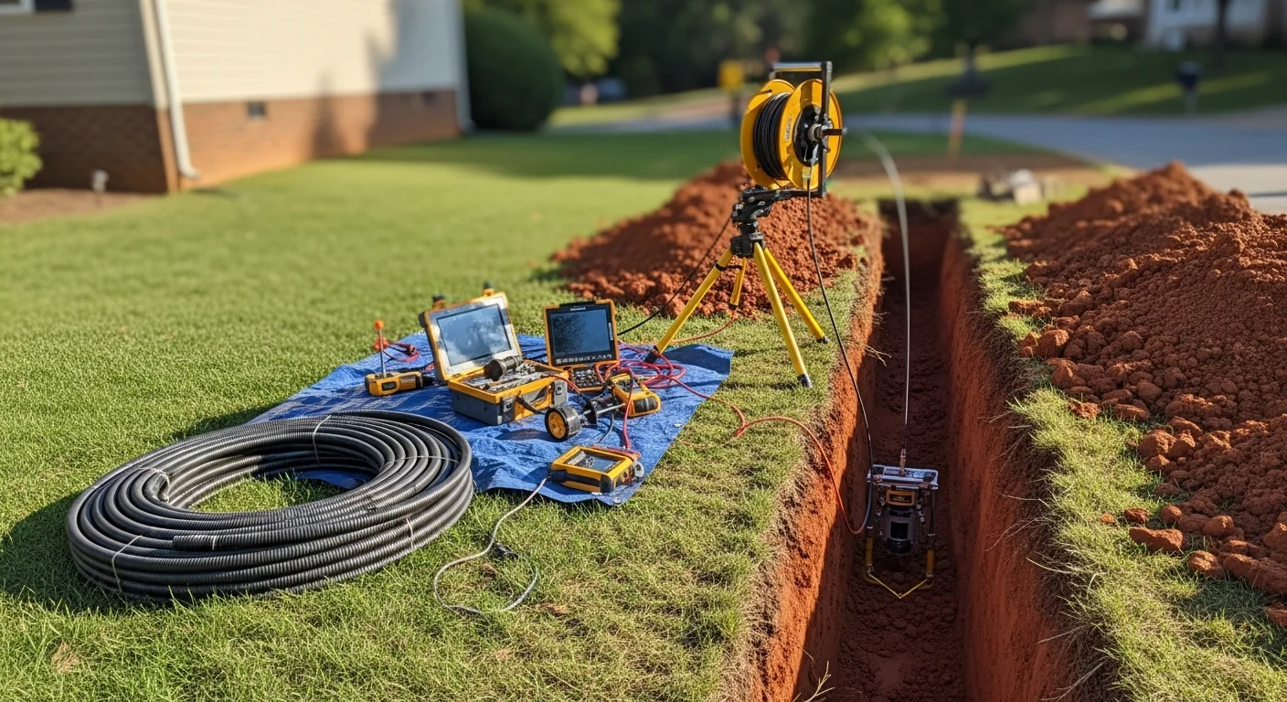 Underground Pipe Solutions crew performing main sewer line repair at a residential property in Manassas, Virginia, with an open excavation exposing a damaged clay pipe lateral. Camera inspection equipment is visible at the cleanout access point beside the home.
