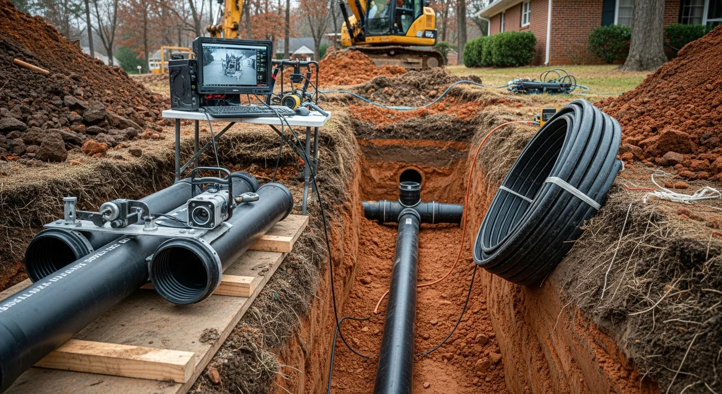 A freshly excavated main sewer line trench in a Manassas residential yard showing old clay pipe removed and new pipe staged for installation. A sewer contractor crew works alongside the open trench on a single-family property.
