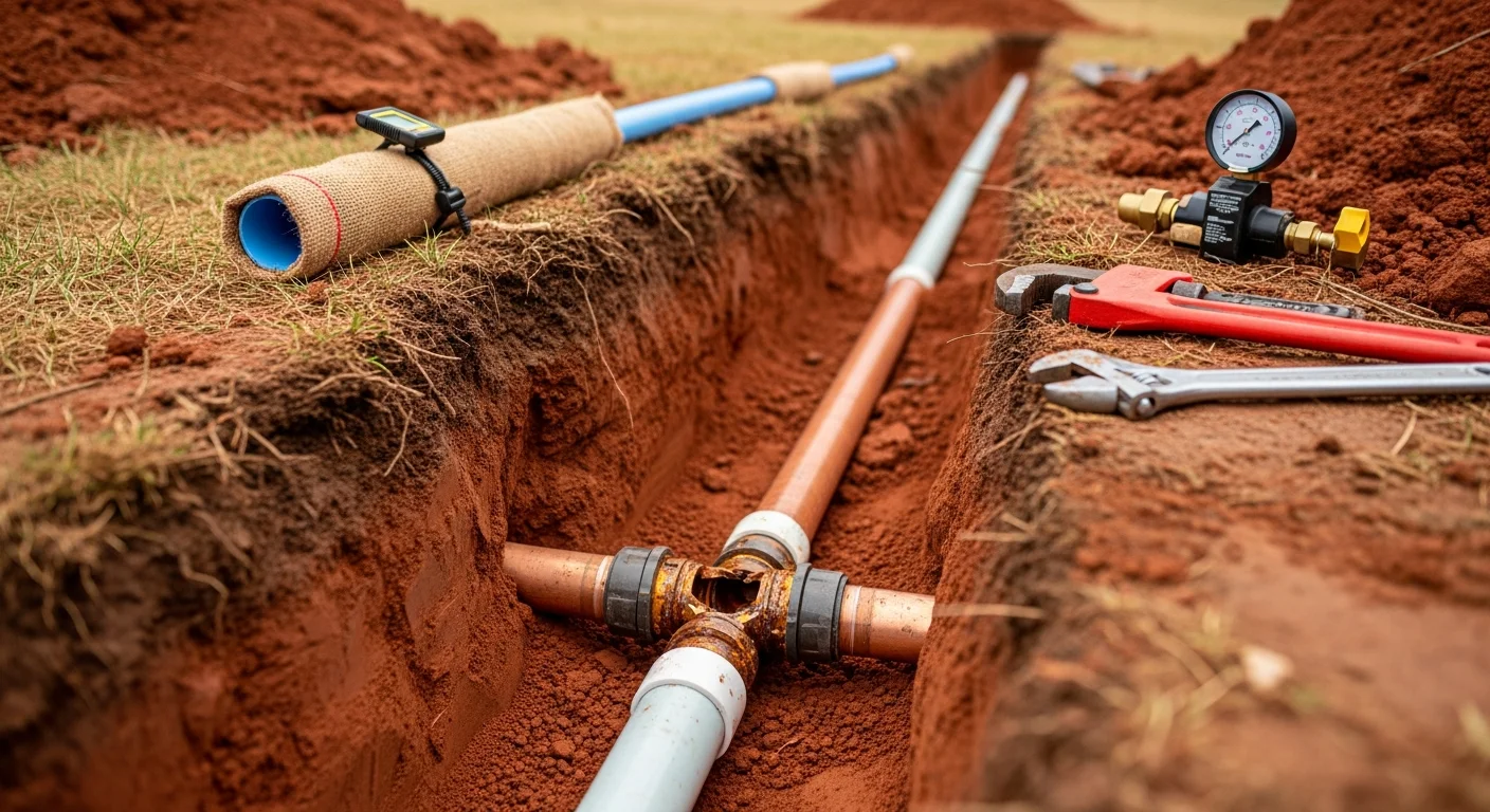 A repaired residential main water service line exposed in a shallow trench in a Manassas, VA yard, showing the connection point between the city water main and the home's foundation. The surrounding clay soil is visible along the excavated trench line.