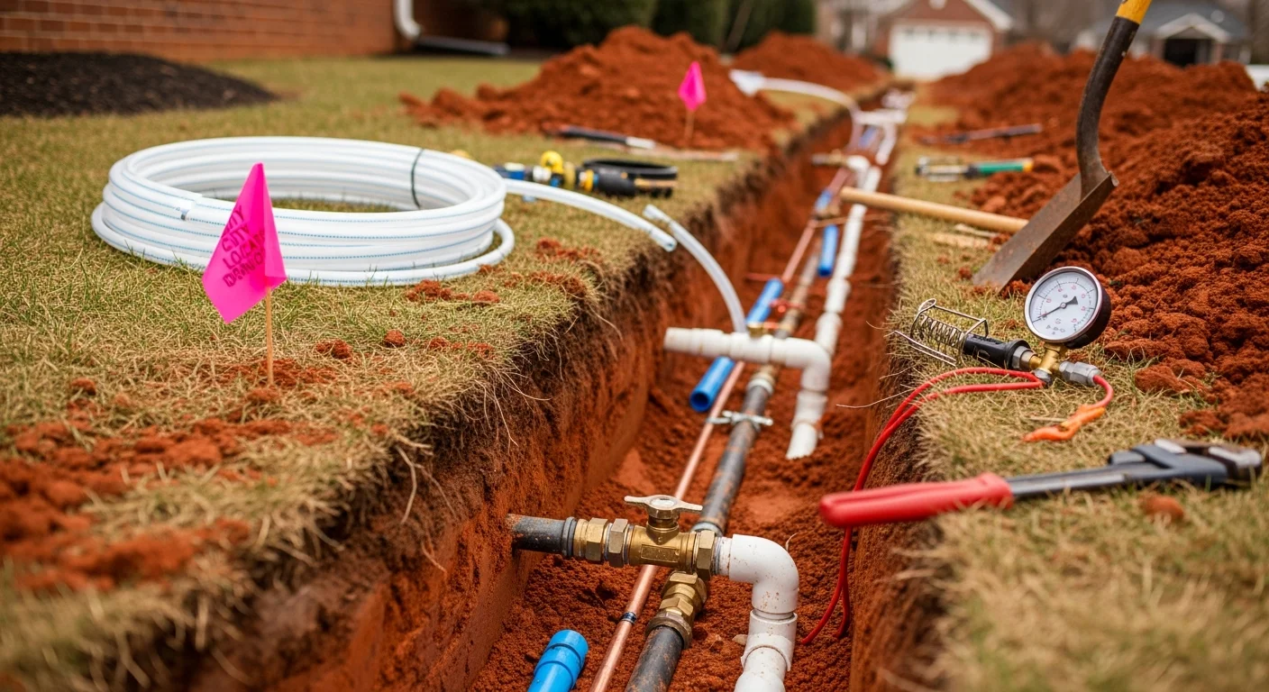 A freshly excavated trench in a Manassas residential yard showing a new underground water service line being installed from the street meter to the home's foundation. Prince William County clay soil is visible along the trench walls.