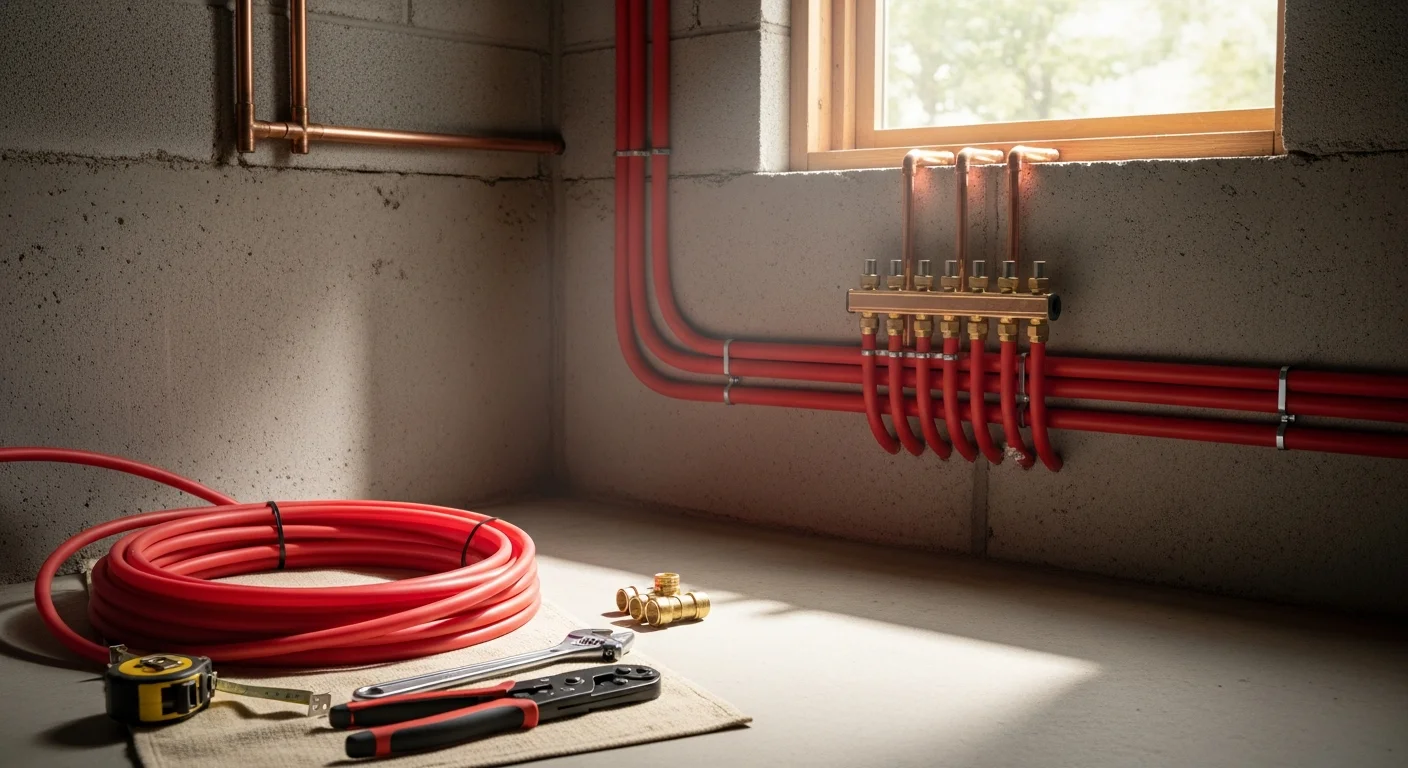 A licensed plumber installing new water supply lines inside the utility area of a Manassas, Virginia home. Clean copper pipe runs are visible against the framing, with shutoff valves properly positioned for easy access.