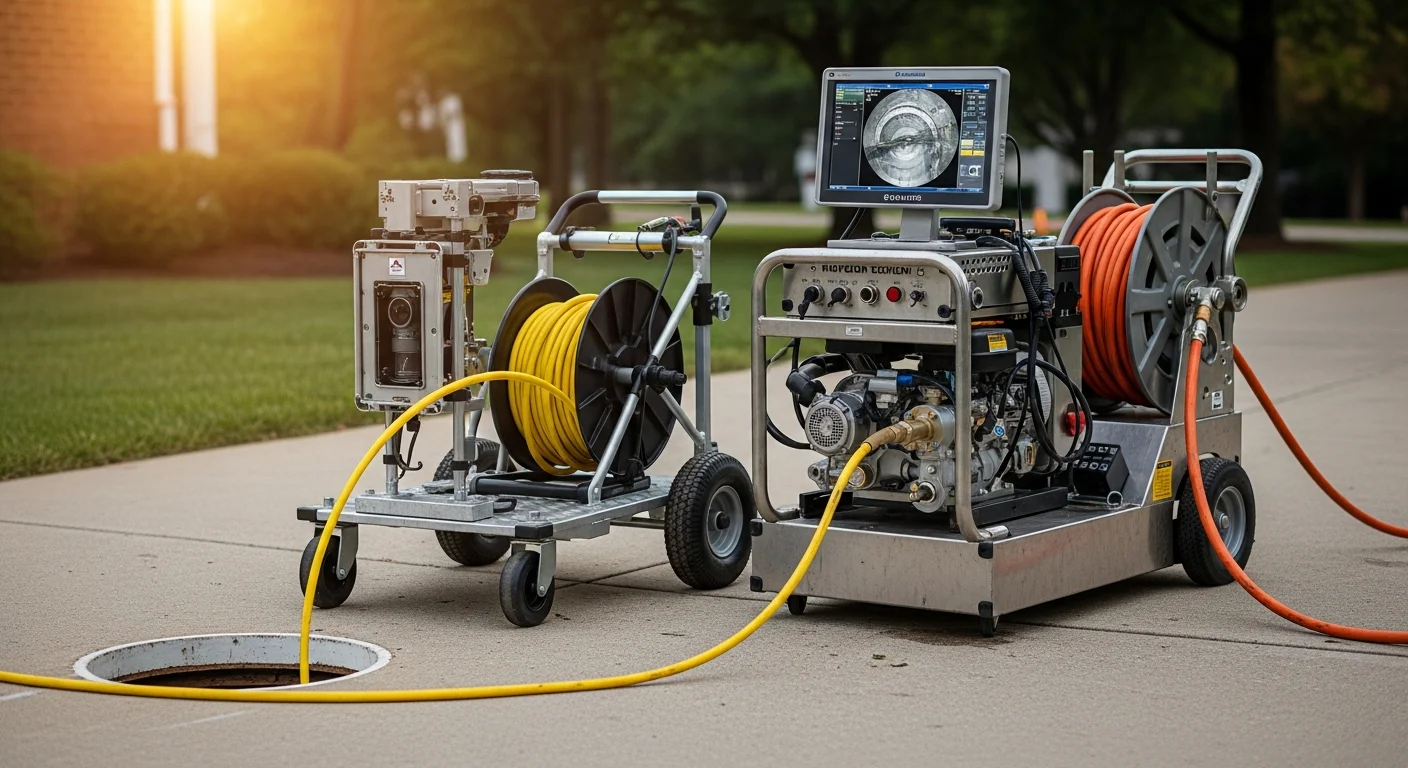 A sewer contractor performing a camera inspection on a residential sewer lateral in Manassas, VA. The technician feeds inspection equipment into a cleanout access point in the front yard of an older single-family home.