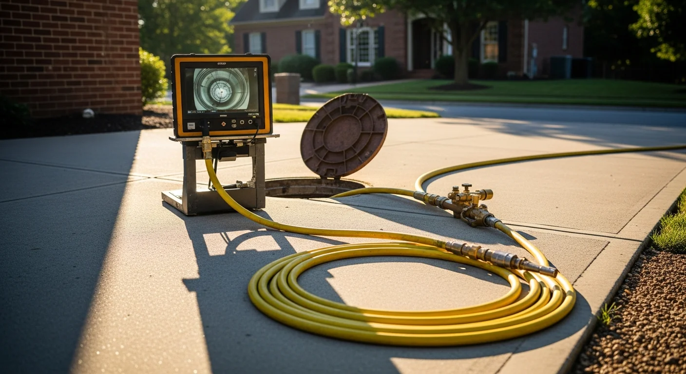 A sewer contractor using a camera inspection system to assess a cleared sewer lateral at a residential property in Manassas, Virginia. The technician stands near the cleanout access point in the front yard of an older single-family home.