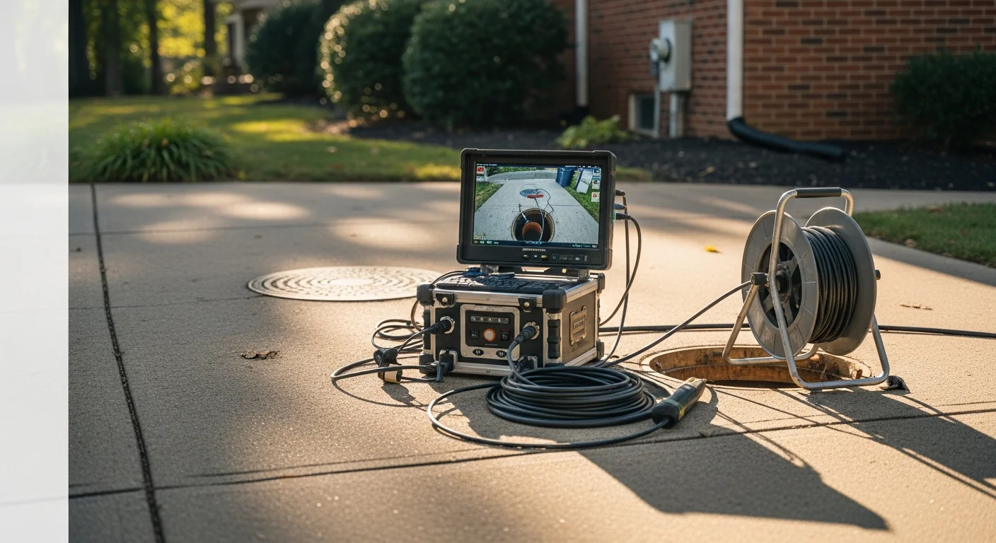 Underground Pipe Solutions technician reviewing live sewer camera footage on a monitor outside a Manassas residential property. The screen shows the interior of an aging clay sewer lateral with visible joint separation.