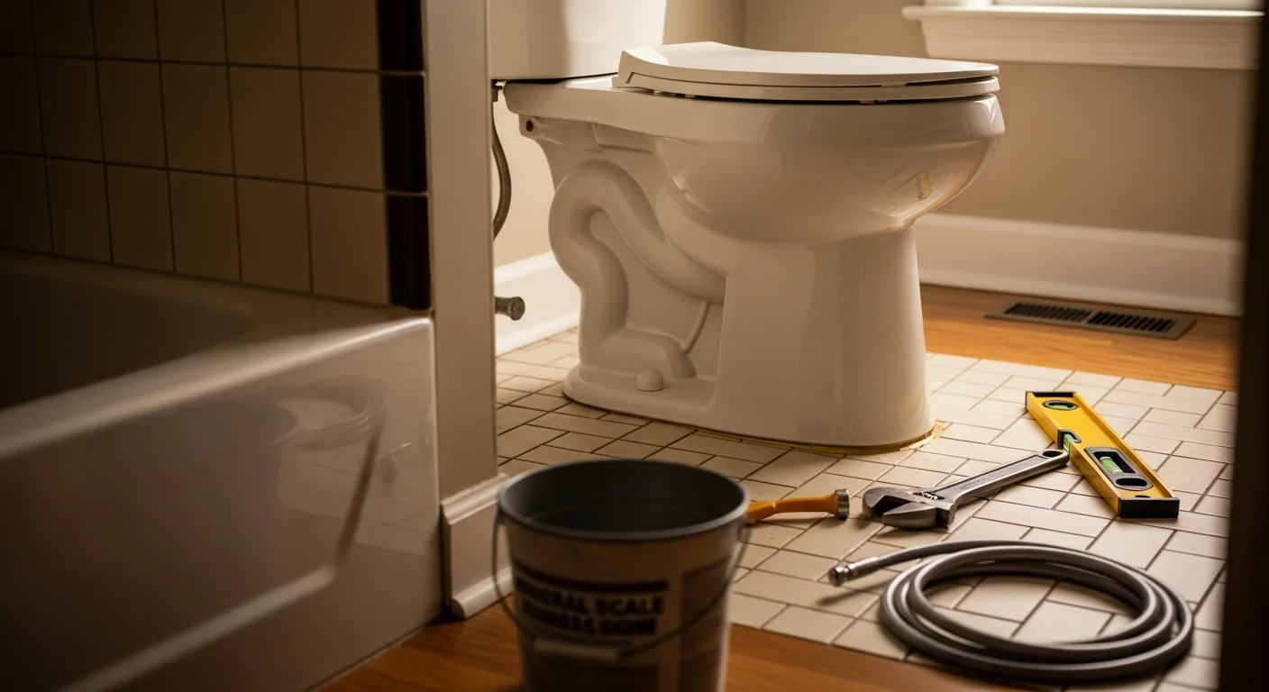 A plumber inspecting the base of a toilet in a Manassas home bathroom, checking for a leak at the floor seal. The toilet supply line and shutoff valve are visible in the background.