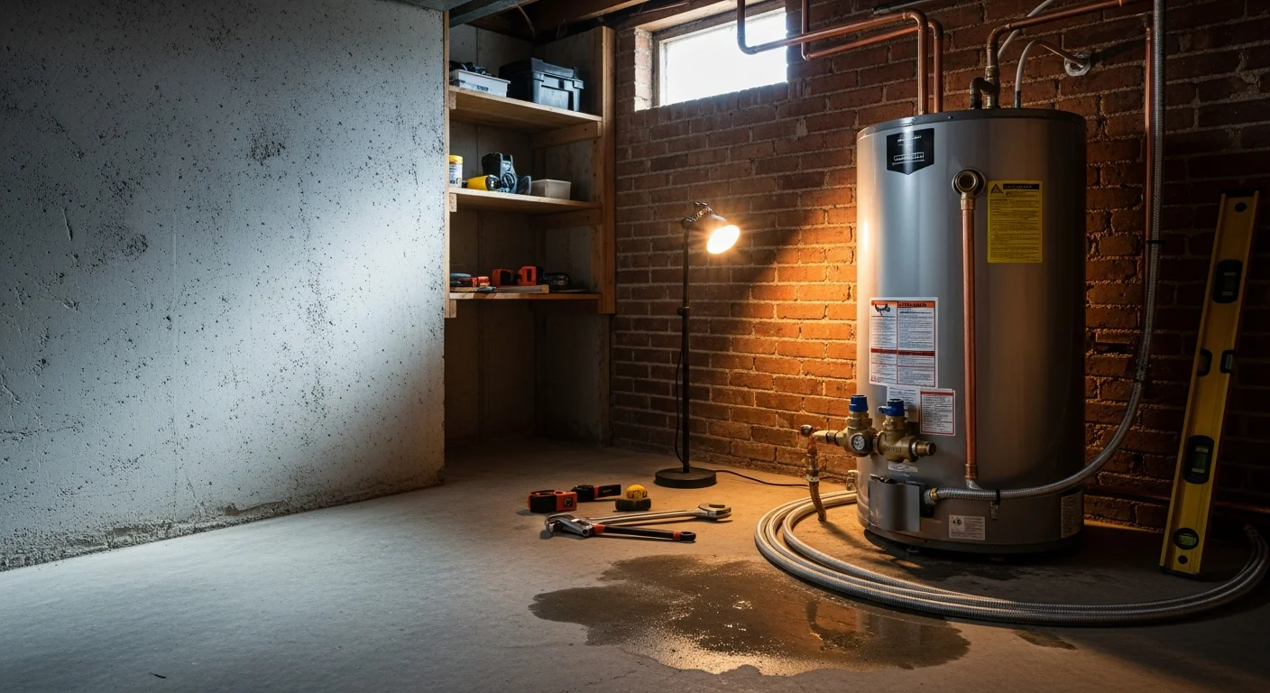 A licensed plumber from Underground Pipe Solutions installing a new water heater in a Manassas home utility room, with old unit removed and new connections secured. The work area is clean and the replacement unit is upright and properly positioned against the wall.