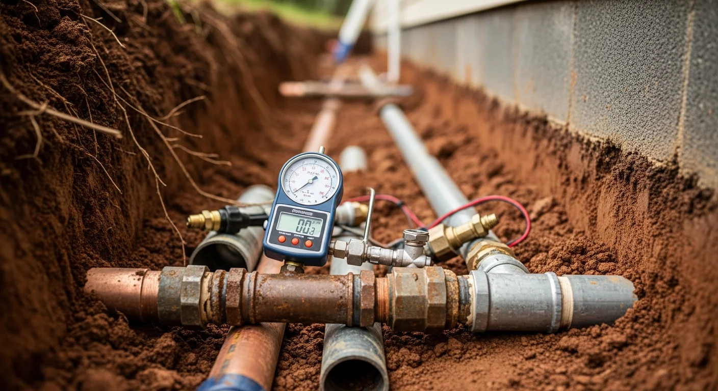 A water utility contractor inspecting an exposed underground supply line at a residential property in Manassas, Virginia. The repair site shows corroded pipe sections being assessed before replacement.