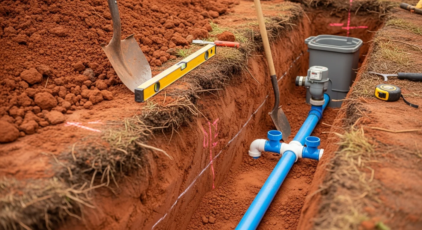 A freshly excavated trench in a Manassas, VA residential yard showing a new underground water service line connected from the municipal main to the home's foundation. Clay soil is visible along the trench walls, with the pipe properly bedded and ready for backfill.