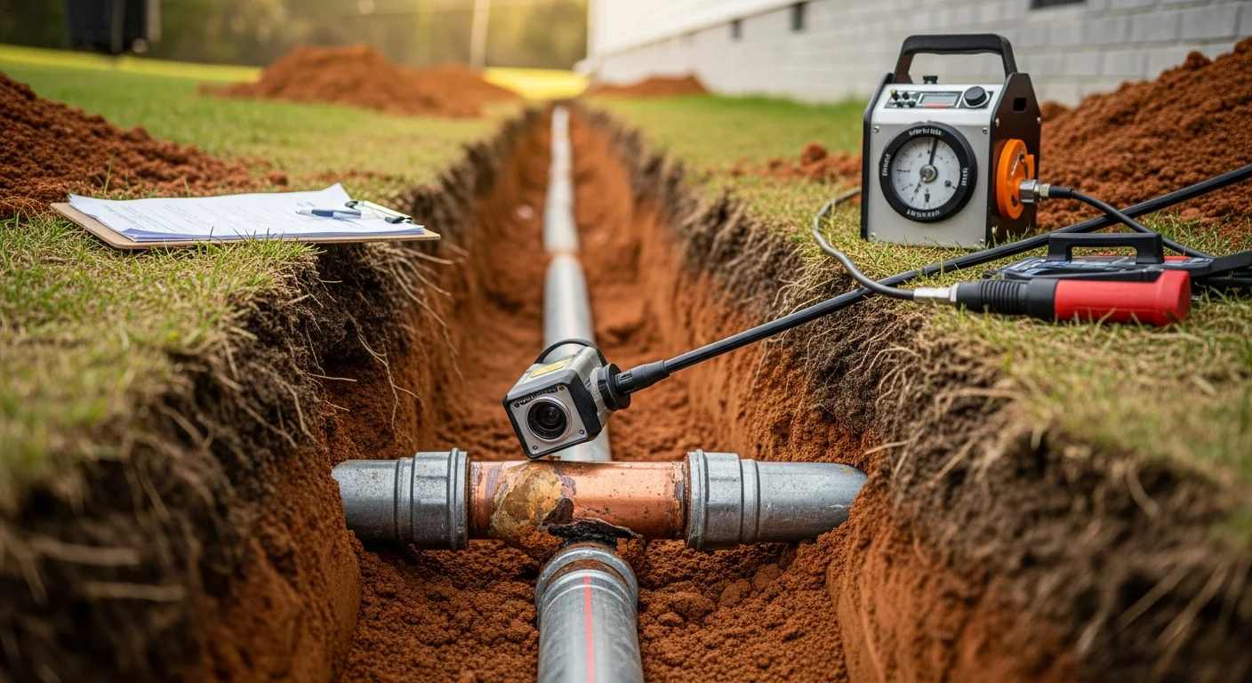 A water utility contractor from Underground Pipe Solutions inspecting an exposed residential water service line at a Manassas, Virginia property, with clay soil visible along the excavated trench edge.