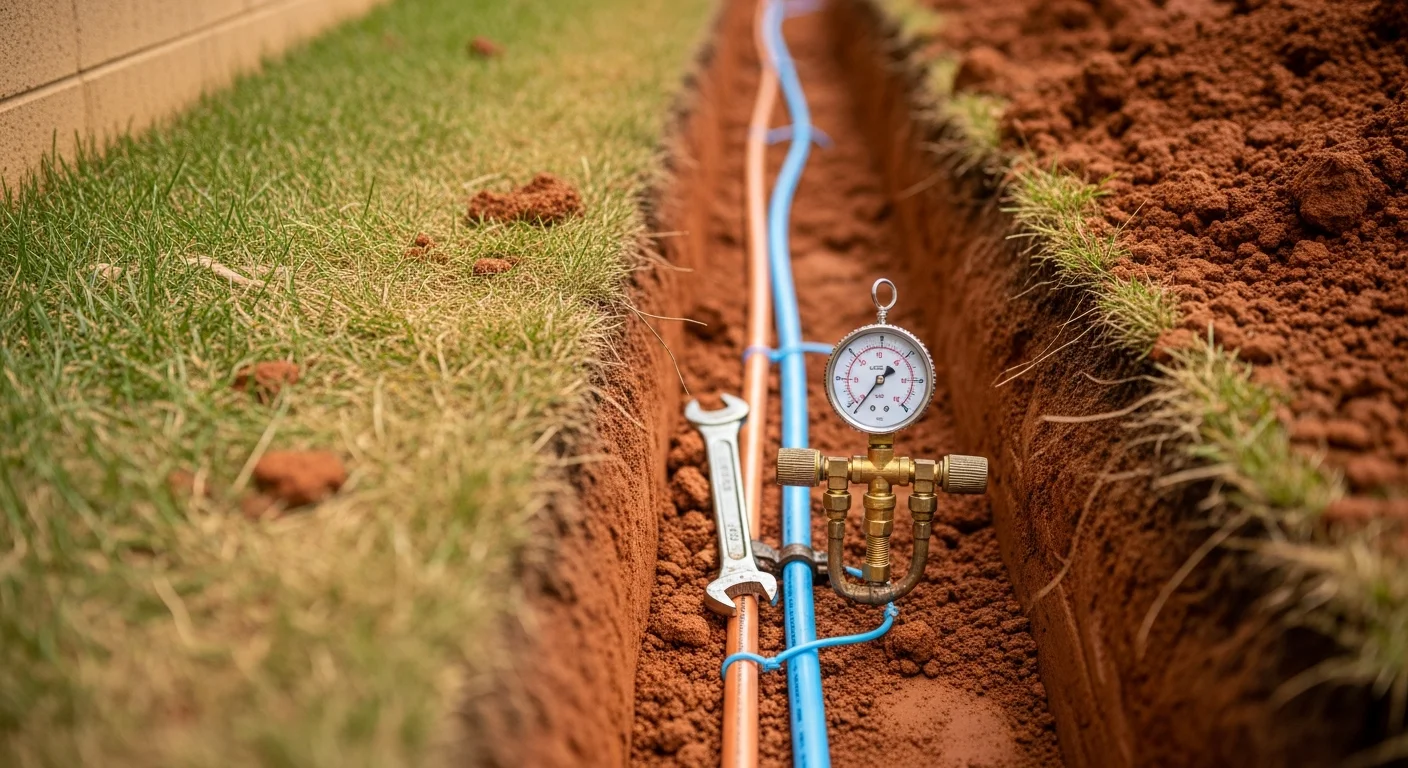 A freshly installed underground water supply line trench in a Manassas residential yard, showing proper pipe depth and secure connections before backfill. A technician from Underground Pipe Solutions inspects the line connection point near the home's foundation.